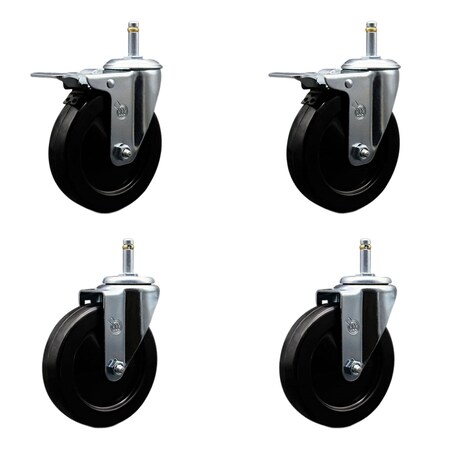 Service Caster 5 Hard Rubber Swivel 7/16'' Grip Ring Stem Caster Set 2 Total Lock Brakes, 4PK SCC-GRTTL20S514-HRS-716138-2-S-2